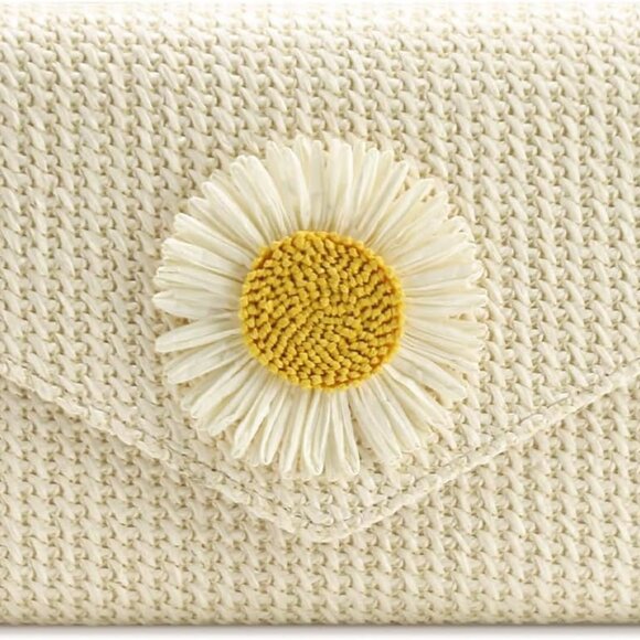 Beige Straw Daisy Flower Evening Clutch with Multi-Way Carry - Picture 1 of 6